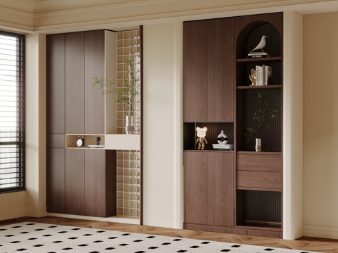 奶油中古风玄关鞋柜su模型