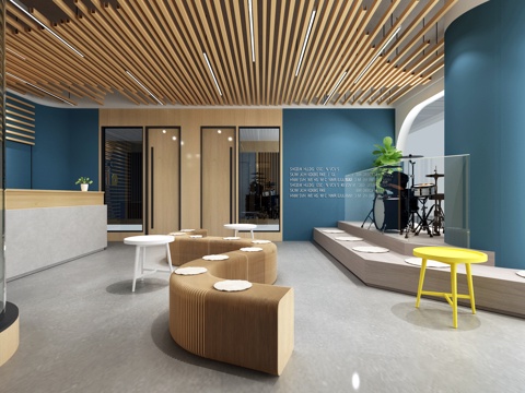  北欧折叠椅 风琴椅 培训班教室 架子鼓 接待台 绿植3d模型 