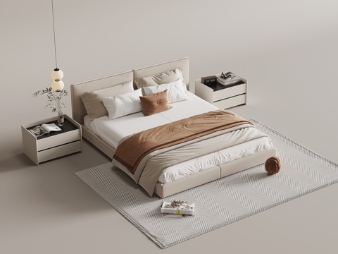 现代奶油风双人床 床头柜 吊灯su模型