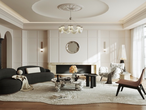  法式中古风客厅 法式奶油风客厅 横厅 大平层3d模型 