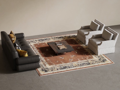 现代中古风沙发茶几组合su模型