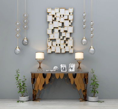  现代欧式金属玄关柜边柜墙饰吊灯台灯盆栽摆件组合 现代金属3d模型 