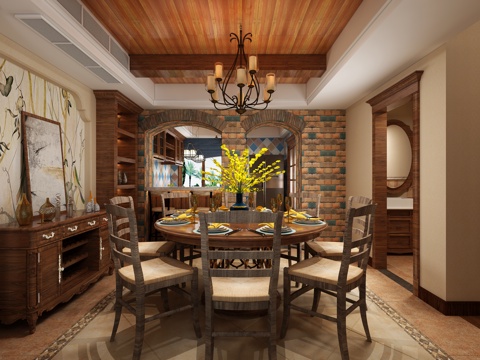  美式餐厅餐边柜厨房餐桌椅吊灯3d模型 