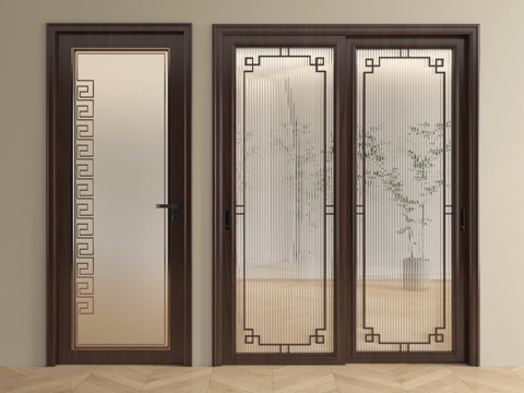 新中式长虹玻璃门 平开门 推拉门 厨卫门 阳台门su模型