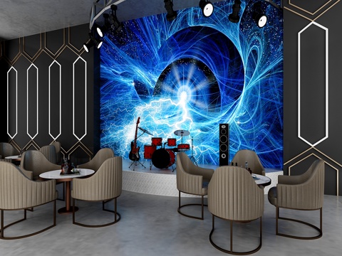  现代酒吧舞台休闲桌椅摇头灯3d模型 