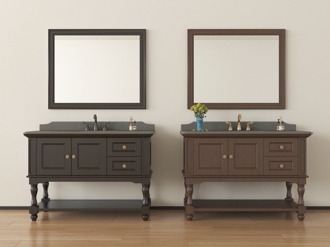 法式中古落地浴室柜 卫浴柜 镜子 壁灯su模型