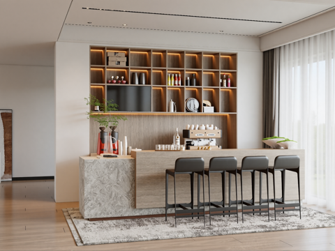 现代家居吧台 吧台椅 咖啡机家居餐厅吧台区su模型