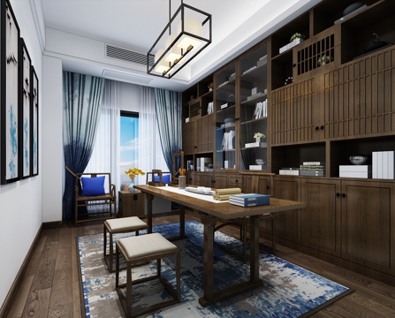  新中式书房空间3d模型 