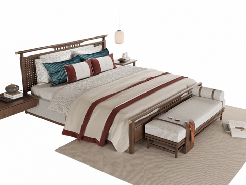 新中式双人床 床尾凳su模型