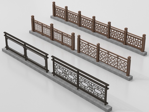 新中式栏杆护栏 栅栏围栏 实木围栏护栏su模型