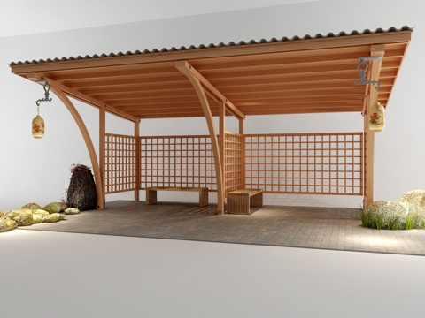  中式景观小建筑田园遮雨棚园林条凳休息亭子石头3d模型 