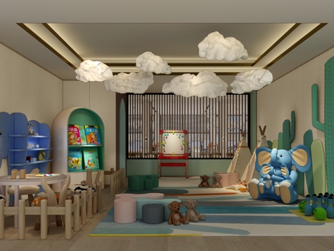  现代售楼部儿童游乐室 仙人掌 大象 云朵 地毯 儿童座椅3d模型 
