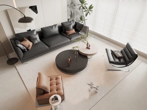 现代黑白灰客厅 极简皮革沙发茶几 简约沙发茶几组合 皮革单椅su模型