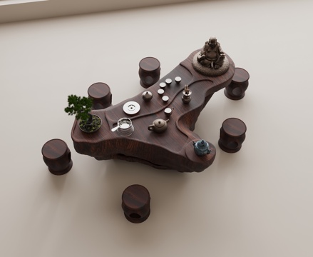 中式根雕茶桌 实木茶桌 实木凳 茶具组合 茶壶茶杯 盆栽绿植su模型