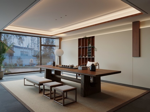 新中式茶室 茶桌椅 茶台su模型