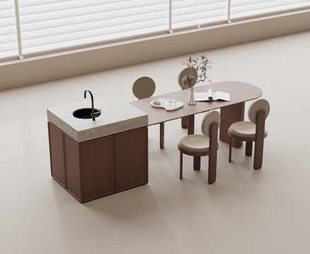 现代中岛水吧台 中岛实木餐桌 大理石水吧台 实木餐椅 水槽su模型