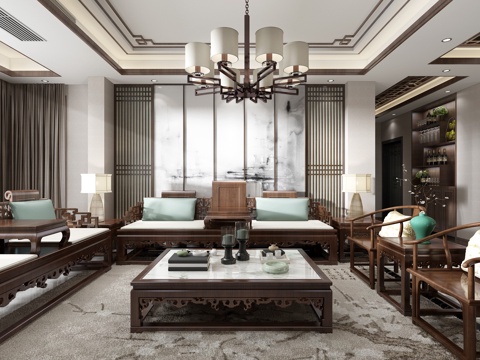  新中式客厅 沙发茶几组合3d模型 