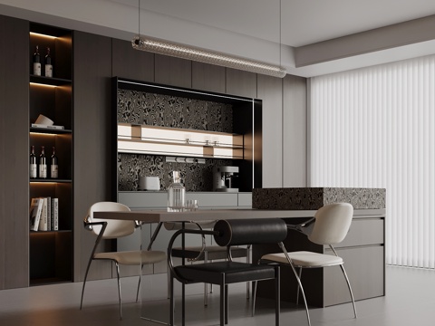 现代意式餐厅 餐桌椅 岛台 酒柜su模型