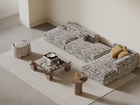 现代中古风沙发 沙发茶几组合su模型