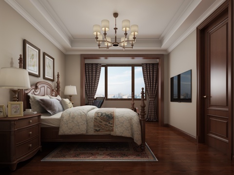  美式次卧室 床吊灯3d模型 