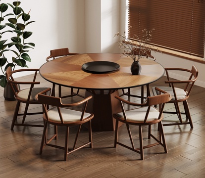 中古风餐桌椅 圆形餐桌su模型
