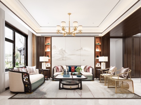  新中式客厅3d模型 