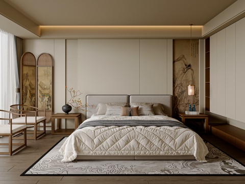 新中式中式卧室 主卧 休闲椅 布艺双人床 中式主卧床 屏风3d模型
