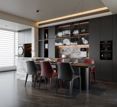  现代意式餐厅 餐桌椅 吊灯 餐边柜 酒柜3d模型 