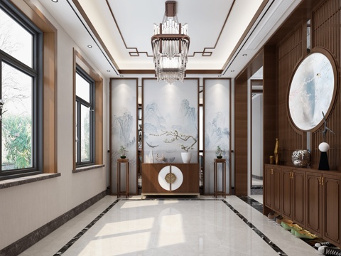  新中式客厅餐厅门厅3d模型 