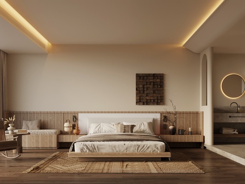 侘寂风客房 大床房 套房 双人床 卧室su模型