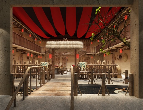  中餐厅羊肉馆客栈古代土墙茅草屋3d模型 