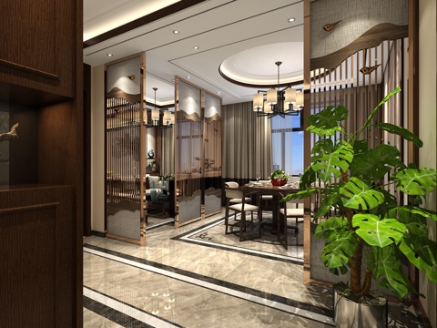  新中式会客厅餐厅3d模型 