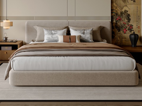  新中式中式双人床 主卧床 床头柜 床头吊灯 中式布艺双人床3d模型 