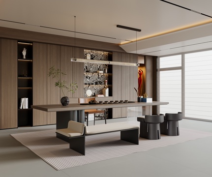 现代意式茶室 茶桌椅 吊灯 茶柜 装饰柜 地毯su模型