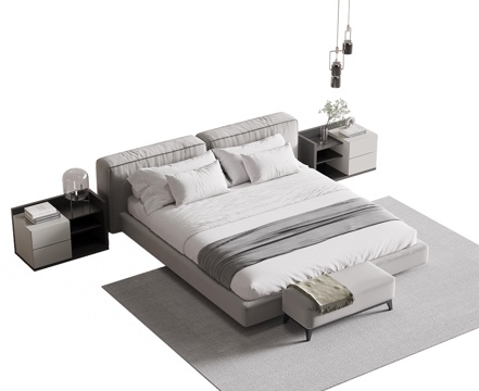 现代简约双人床 床头柜 吊灯su模型