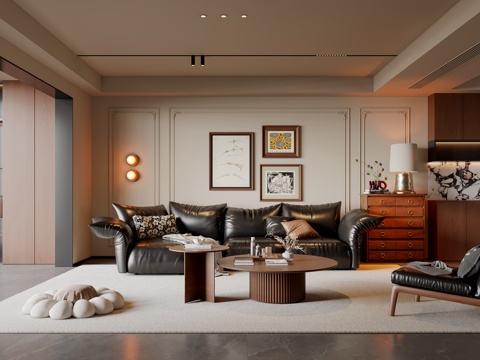  法式中古风客厅 沙发茶几 多人沙发 休闲椅 挂画 地毯3d模型 