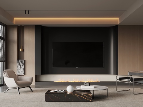 现代意式客厅 电视背景墙 沙发茶几组合su模型