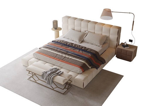 现代双人床 床尾凳su模型