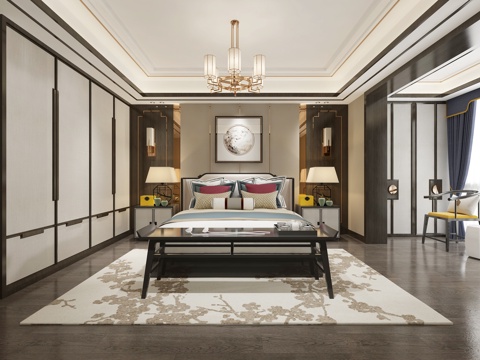  新中式卧室3d模型 