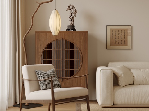 新中式休闲椅 斗柜 落地灯su模型