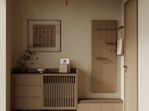 新中式门厅 鞋柜 洞洞板su模型