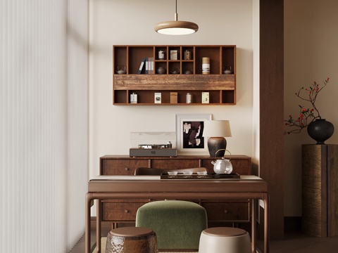 中古风阳台茶室 茶桌椅 茶台 茶叶柜su模型