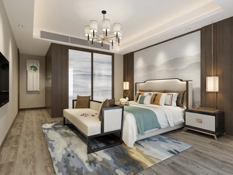  新中式卧室3d模型 