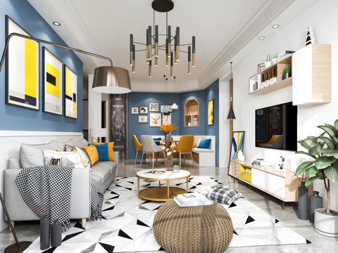  北欧客厅 电视柜沙发茶几卡座餐桌壁龛餐桌黑板吊灯3d模型 