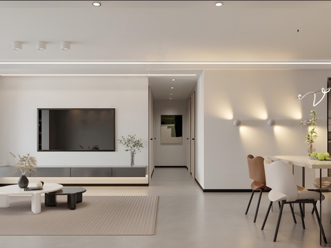 现代客餐厅 沙发茶几组合 餐桌su模型