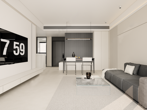 现代黑白极简简约客餐厅 沙发组合 电视柜 餐桌su模型