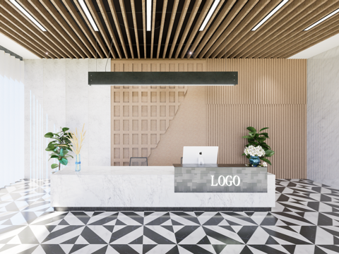 现代简约办公室前台接待台su模型