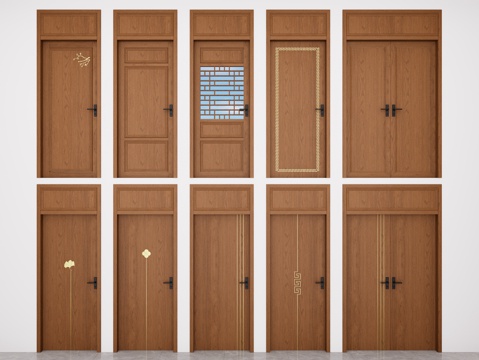  新中式实木房门 新中式房门组合 卧室单开门 实木双开门3d模型 