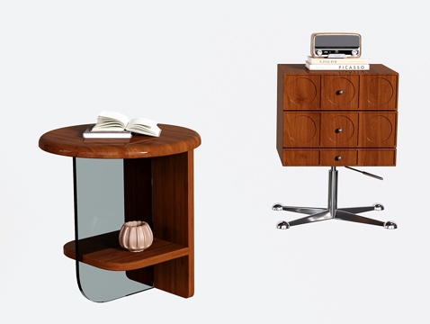 法式沙发边几 复古实木小边柜 小茶几 床头柜 升降旋转储物柜su模型