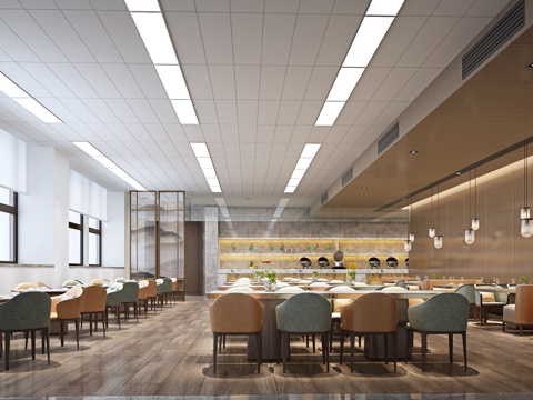 现代自助餐厅 卡座  餐桌椅  西餐厅 企业餐厅 隔断吊灯3d模型 